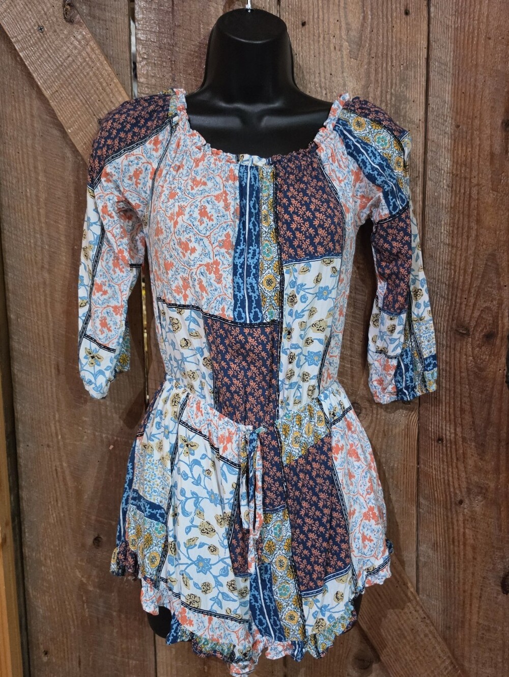Vintage Karlie Ladies Small Patchwork Floral Romper Boho Off Shoulder Jumpsuit